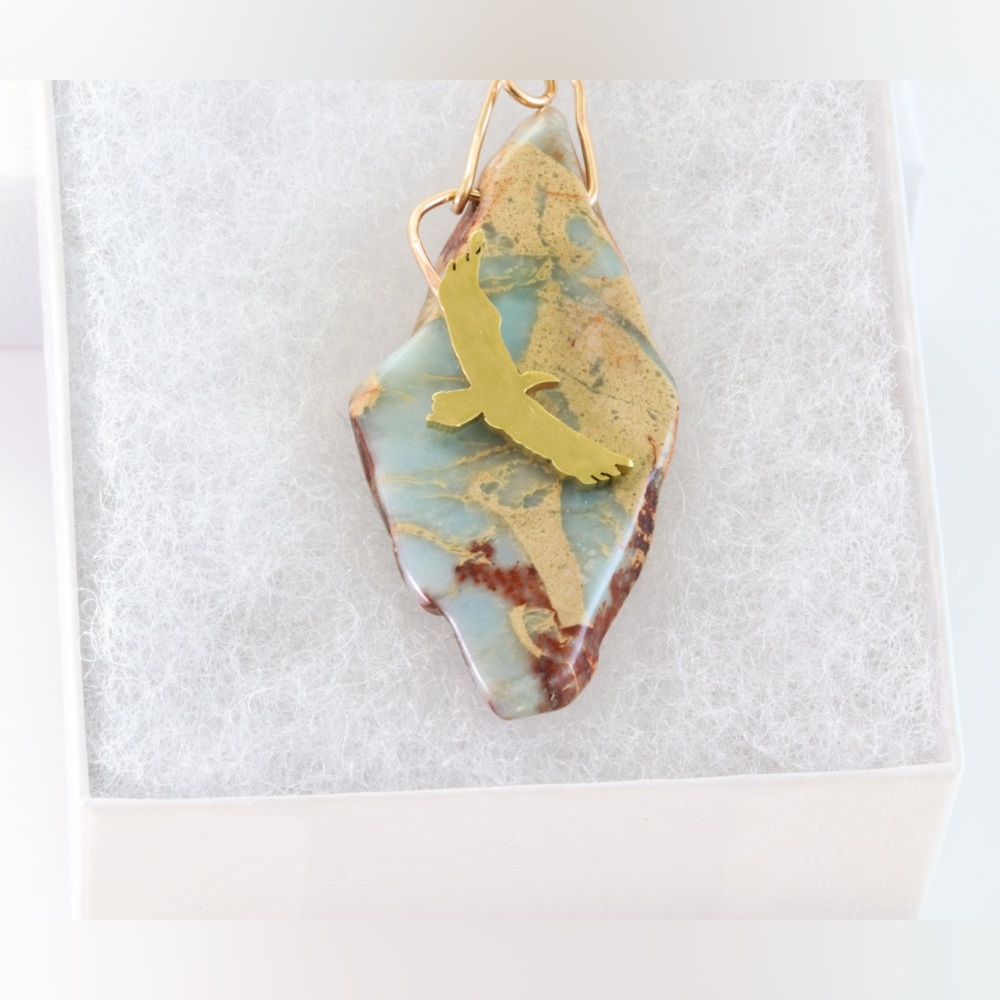 Handmade Larimar Pendant with Hand-Cut Brass Eagle and 14K Gold Filled Wire